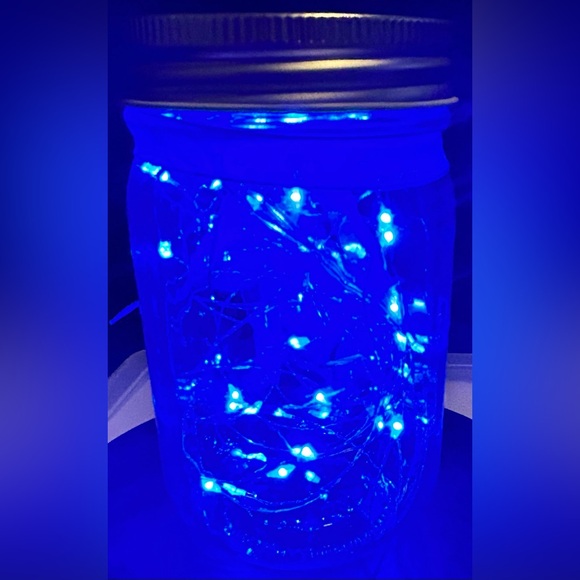 ❌SOLD❌BABY RHINO WOODEN CUT-OUT DECOR MASON JAR W/ BLUE LIGHTS & BLUE BOW - Picture 3 of 5